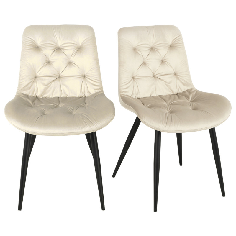 Lot de 2 Chaises Rembourrées et Capitonnées en Velours Écru avec Piètement en Métal Noir - Design Contemporain - STAN