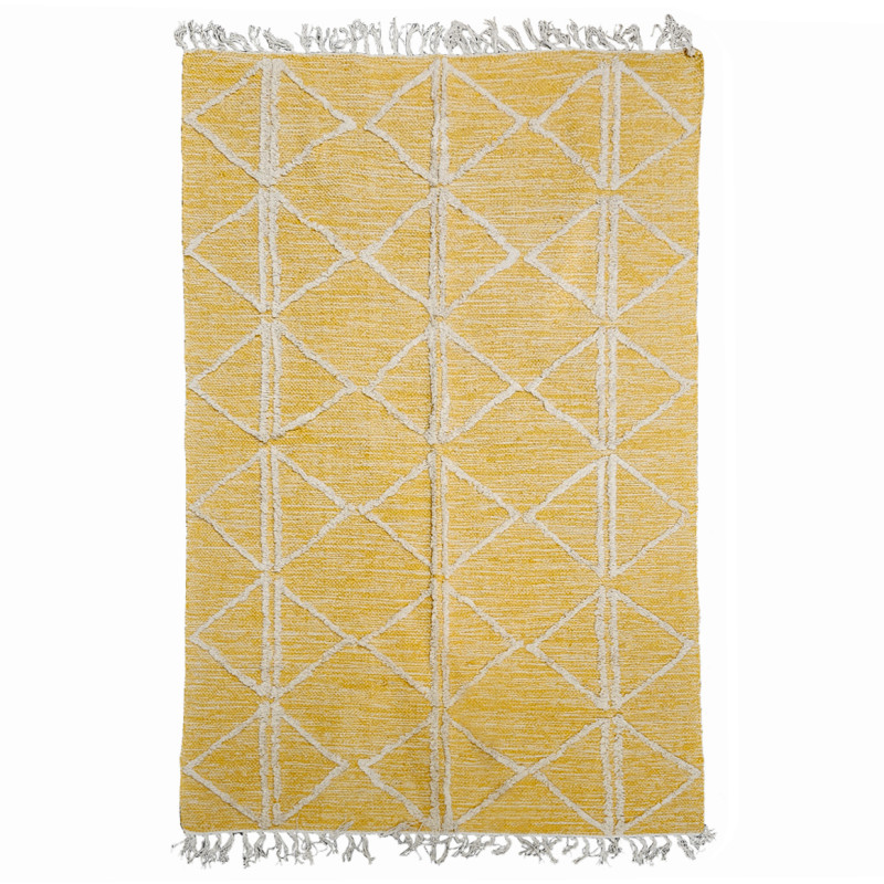 Tapis 120 x 180 cm en Coton Jaune avec Motifs et Franges Écru - Style Berbère et Ethnique - ALIBA