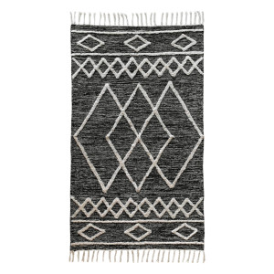 Tapis 90 x 150 cm en Coton Noir avec Motifs et Franges Écru - Style Berbère et Ethnique - ALIBA