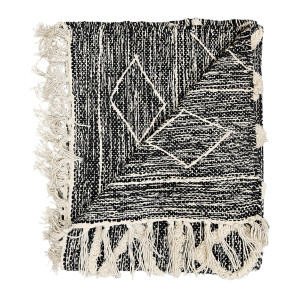 Tapis 90 x 150 cm en Coton Noir avec Motifs et Franges Écru - Style Berbère et Ethnique - ALIBA
