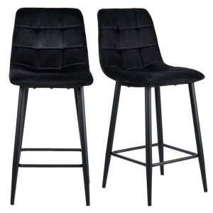 Lot de 2 chaises de bar capitonnées en velours noir avec piètement et repose pieds en métal noir - NAMI