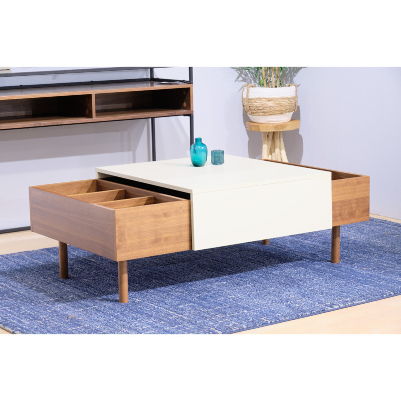 copy of Table basse plaquée noyer avec plateau coulissant crème - ZOULI 7484