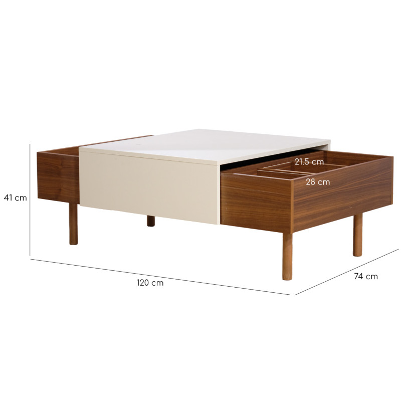 copy of Table basse plaquée noyer avec plateau coulissant crème - ZOULI 7484