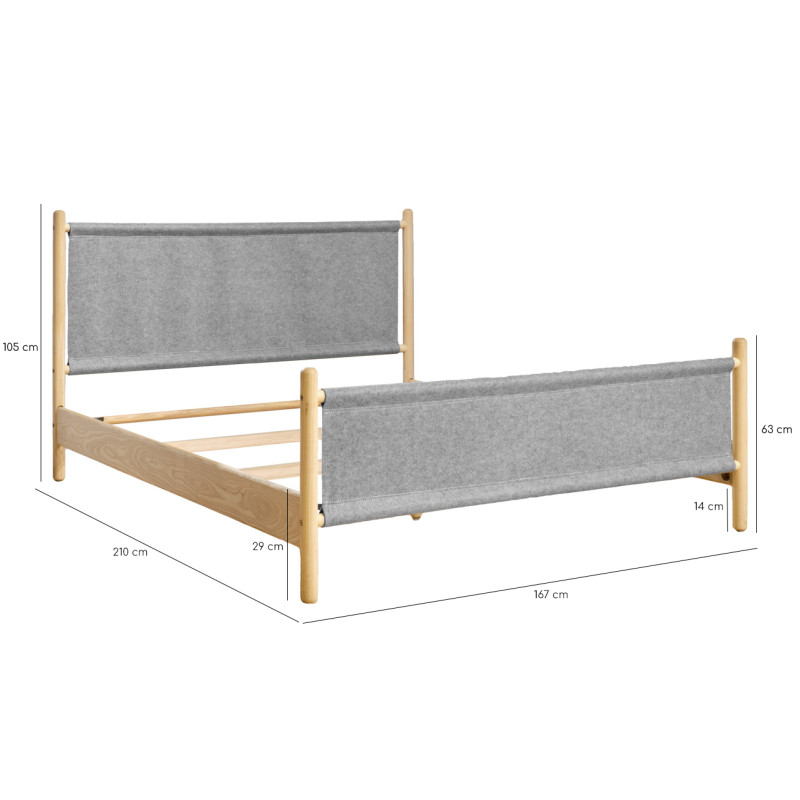 Lit 160 x 200 cm en bois de frêne et feutrine gris - AGDE 7008