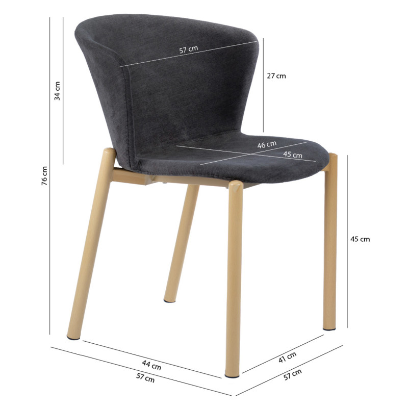 Lot de 2 Chaises en Tissu Gris Anthracite avec Dossier Enveloppant et Piètement en Métal Effet Bois - FOCA