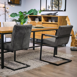 Chaise avec accoudoirs en microfibre gris anthracite rembourré et pieds luge en métal noir - GIGI