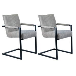 Lot 2 chaises avec accoudoirs en microfibre gris clair rembourré et pieds luge en métal noir - GIGI