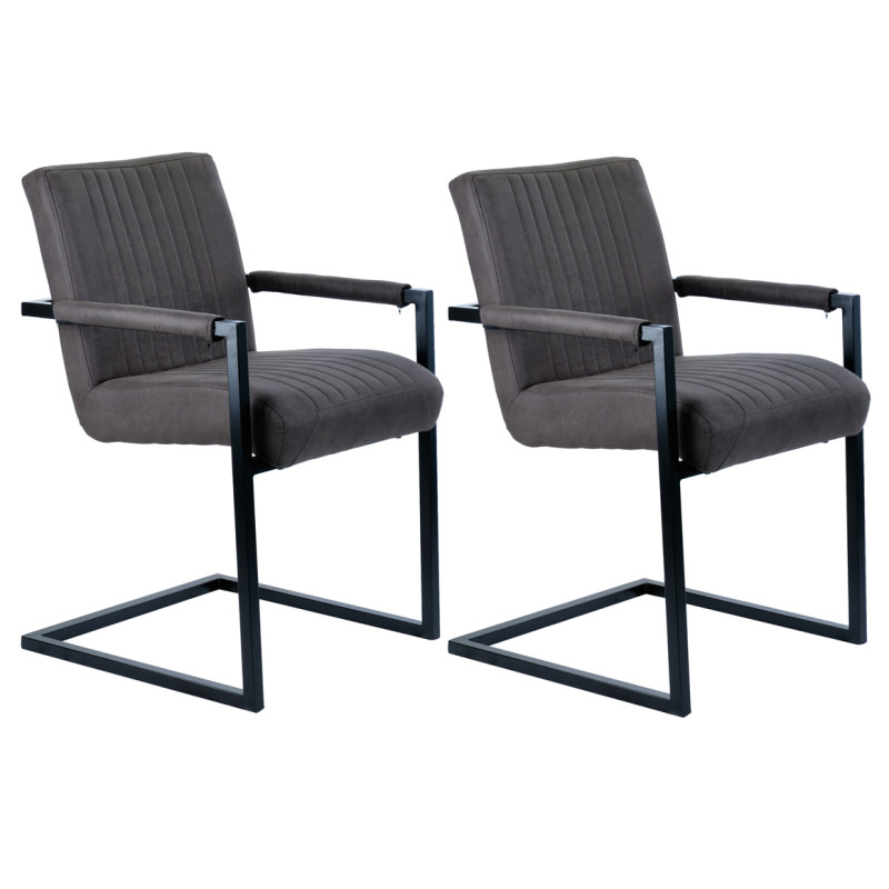 Lot 2 chaises avec accoudoirs en microfibre gris anthracite rembourré et pieds luge en métal noir - GIGI