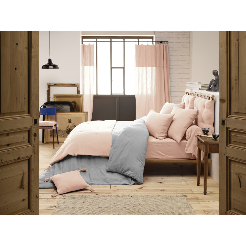 Bout de Lit 90 x 200 cm Gaze de Coton Rose et Polyester avec Capitonnage Léger et 4 Pompons - PEPA
