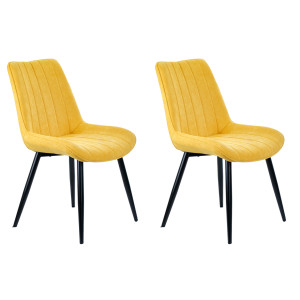 Lot de 2 chaises en tissu doux jaune avec surpiqures et assise incurvée 4 pieds en métal noir - TEA