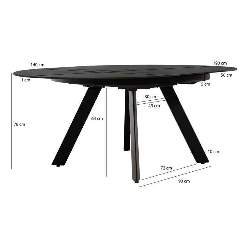 Table de Repas Ronde Extensible 190 x 140 cm avec Plateau en Céramique Gris Anthracite et Pieds Évasés en Métal - RYUK