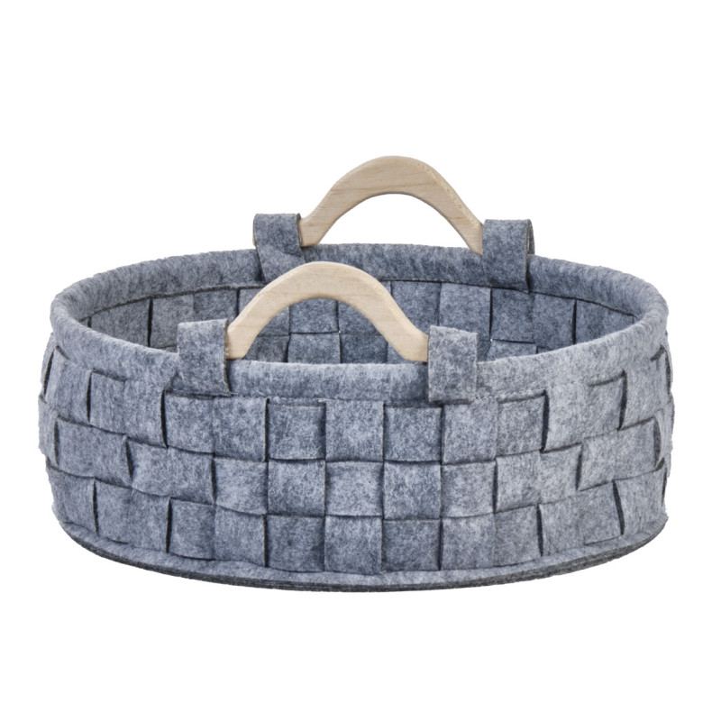 Lot de 2 paniers ronds 32 cm en feutre gris et anses bois - JUAN 9787