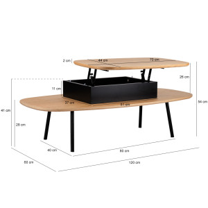 Table Basse en Bois avec Plateau Relevable et Coffre de Rangement L. 120 cm - Pieds en Métal JOYCE 7303