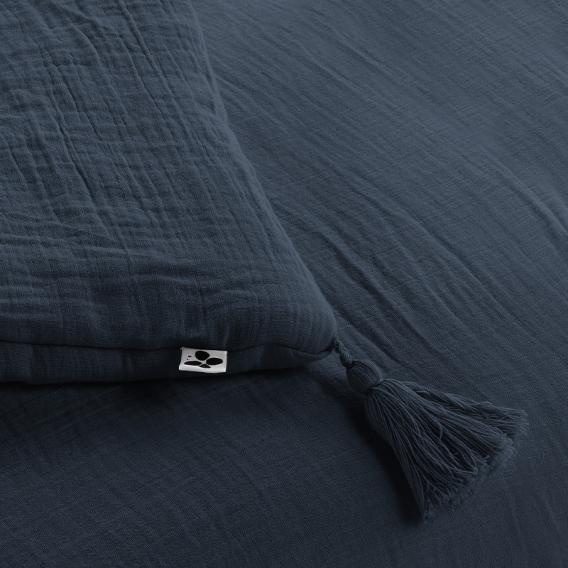 Édredon 150 x 150 cm Gaze de Coton Bleu Nuit et Polyester avec Capitonnage Léger et 4 Pompons - Linge de Lit - PEPA 2
