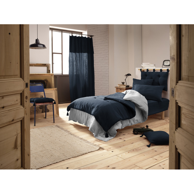 Édredon 150 x 150 cm Gaze de Coton Bleu Nuit et Polyester avec Capitonnage Léger et 4 Pompons - Linge de Lit - PEPA 2