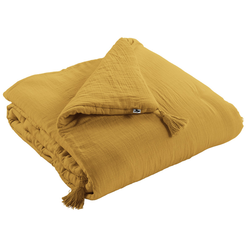 Édredon 150 x 150 cm Gaze de Coton Jaune et Polyester avec Capitonnage Léger et 4 Pompons - Linge de Lit - PEPA 2