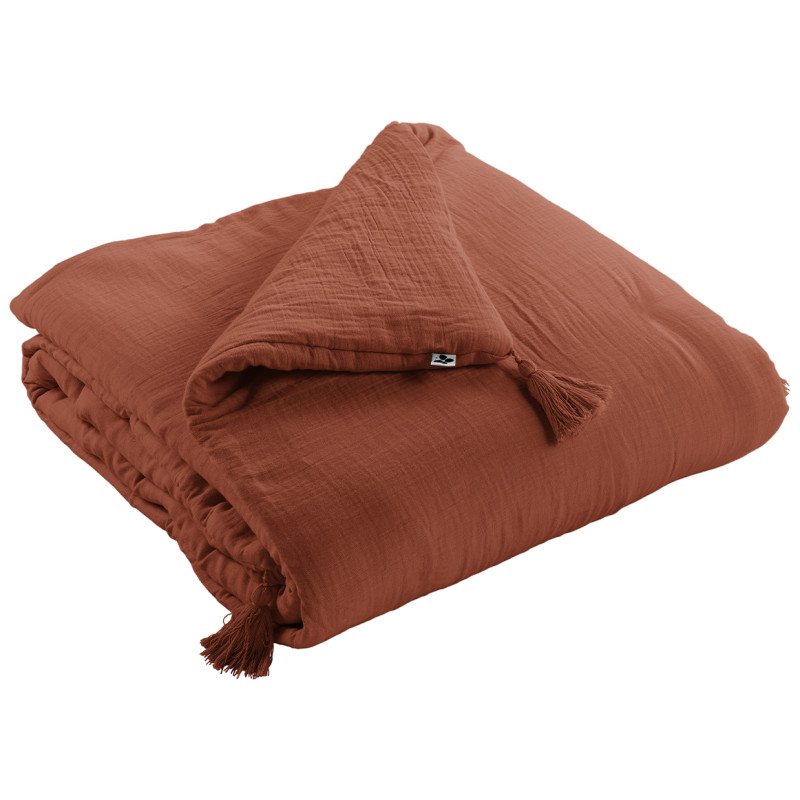 Édredon 150 x 150 cm Gaze de Coton Terracotta et Polyester avec Capitonnage Léger et 4 Pompons - Linge de Lit - PEPA 2