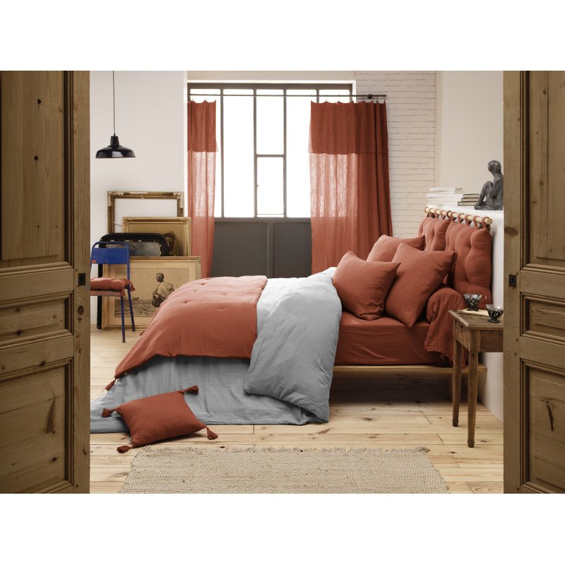 Édredon 150 x 150 cm Gaze de Coton Terracotta et Polyester avec Capitonnage Léger et 4 Pompons - Linge de Lit - PEPA 2