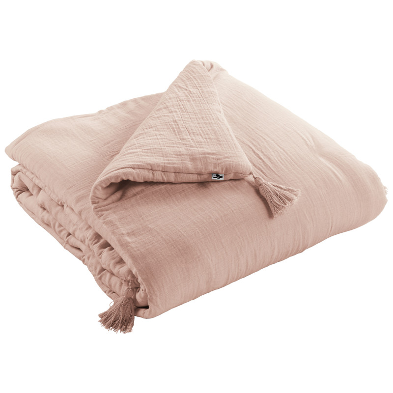 Édredon 150 x 150 cm Gaze de Coton Rose et Polyester avec Capitonnage Léger et 4 Pompons - Linge de Lit - PEPA 2