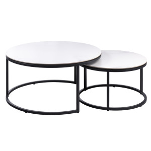 Table Basse Ronde gigogne en céramique Blanc Marbré et Piètement Métal Noir - Design Moderne Industriel - OXY