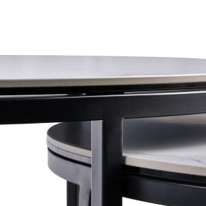 Table Basse Ronde gigogne en céramique Blanc Marbré et Piètement Métal Noir - Design Moderne Industriel - OXY