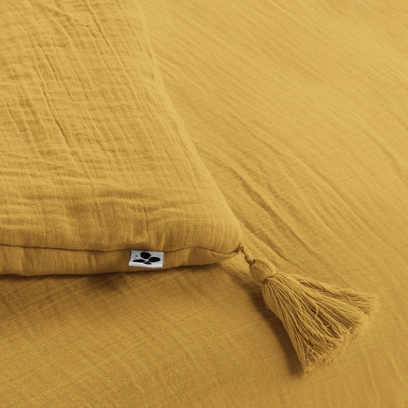 Édredon 150 x 150 cm en gaze de coton jaune avec 4 pompons - PEPA