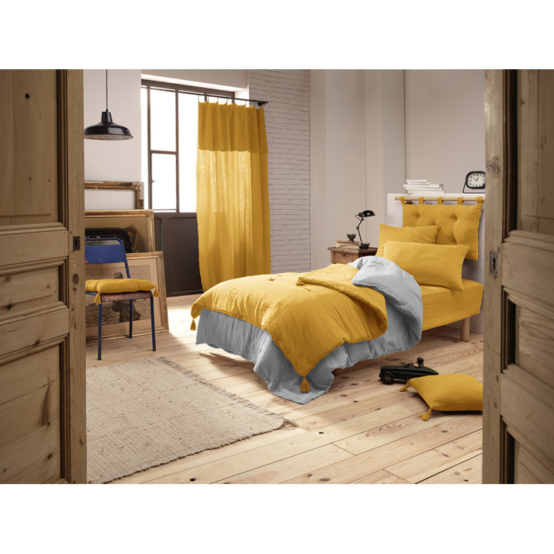 Édredon 150 x 150 cm en gaze de coton jaune avec 4 pompons - PEPA