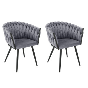 Lot de 2 chaises fauteuil en velours tressé matelassé gris avec accoudoirs et pieds métal noir mat - BOWI