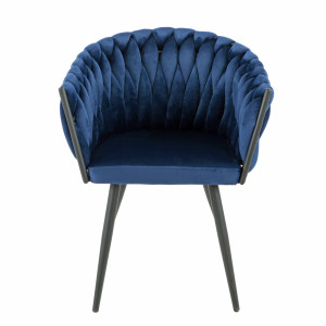 Chaise fauteuil en velours tressé matelassé bleu foncé avec accoudoirs et pieds métal noir mat - BOWI
