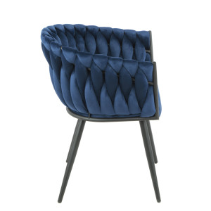 Chaise fauteuil en velours tressé matelassé bleu foncé avec accoudoirs et pieds métal noir mat - BOWI