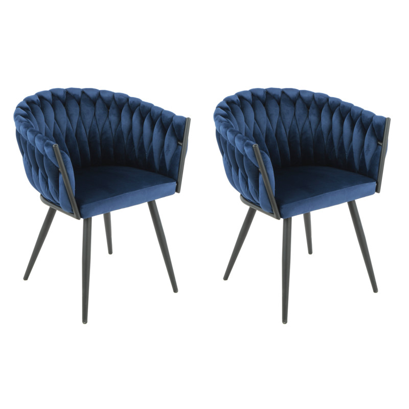 Lot de 2 chaises fauteuil en velours tressé matelassé bleu foncé avec accoudoirs et pieds métal noir mat - BOWI
