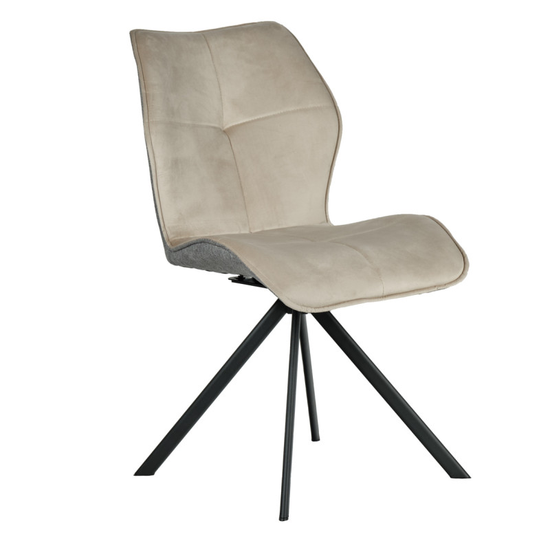 Chaise pivotante 360° en velours beige et tissu gris chiné forme ergonomique et pieds évasés en métal noir - DIANE