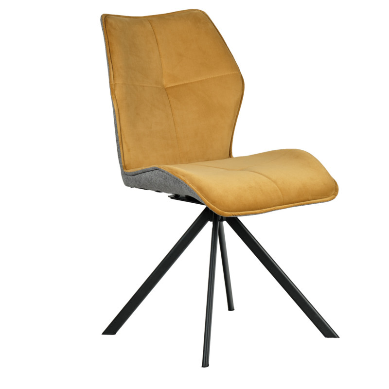Chaise pivotante 360° en velours gris foncé et tissu moutarde forme ergonomique et pieds évasés en métal noir - DIANE