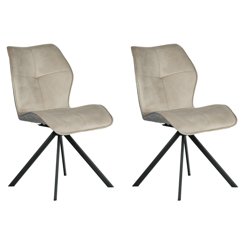 Lot de 2 chaises pivotantes 360° en velours beige et tissu gris chiné forme ergonomique et pieds évasés en métal noir - DIANE