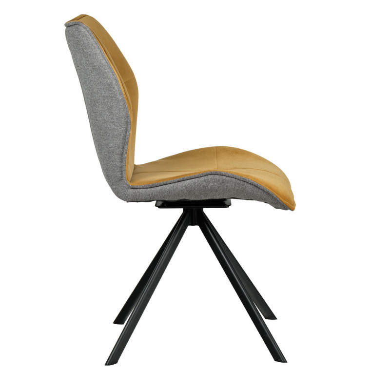 Lot 2 chaises pivotantes 360° en velours gris foncé et tissu moutarde forme ergonomique et pieds évasés en métal noir - DIANE