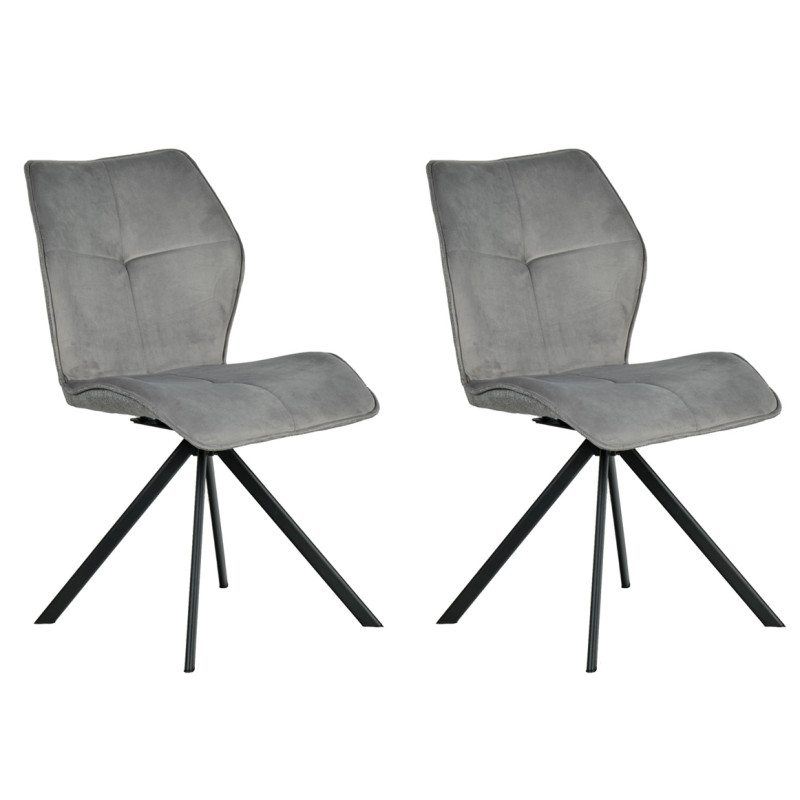 Lot de 2 chaises pivotantes 360°  velours gris foncé et tissu gris chiné  et pieds évasés en métal noir - DIANE