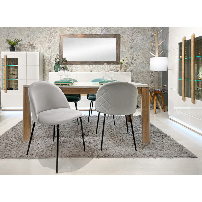 Lot de 2 Chaises en Velours Gris Clair Capitonnée avec Piètement en Métal Noir - FARA