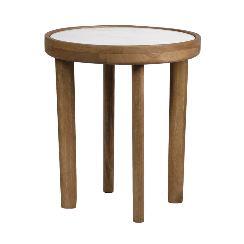 Table d'appoint ronde diamètre 40 cm en bois de manguier et plateau marbre blanc - Naturel et exotique - AVRIL