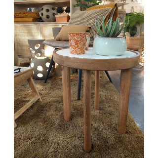 Table d'appoint ronde diamètre 40 cm en bois de manguier et plateau marbre blanc - Naturel et exotique - AVRIL
