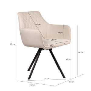 Chaise fauteuil de table en lin écru pivotant 360° capitonné accoudoirs et pieds évasés métal noir - TARGO