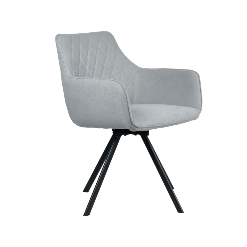 Chaise fauteuil de table en lin gris pivotant 360° capitonné accoudoirs et pieds évasés métal noir - TARGO