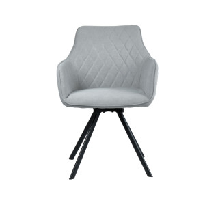 Chaise fauteuil de table en lin gris pivotant 360° capitonné accoudoirs et pieds évasés métal noir - TARGO