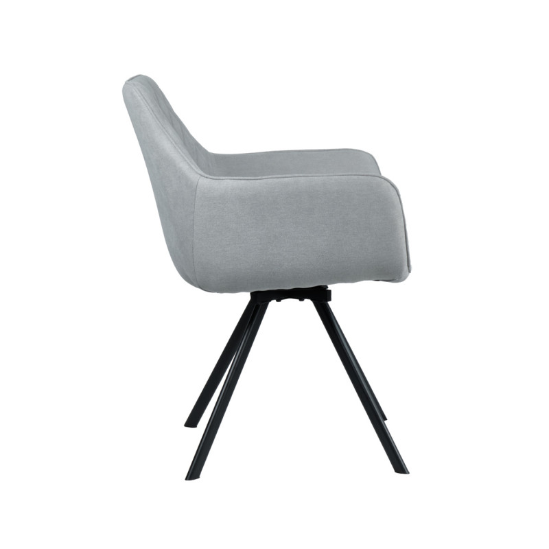 Chaise fauteuil de table en lin gris pivotant 360° capitonné accoudoirs et pieds évasés métal noir - TARGO
