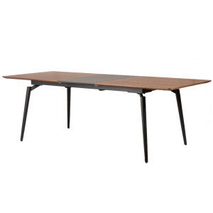 Table de repas extensible 180 à 230 cm plaquée en bois de noyer foncé avec pieds en métal noir - CARSON