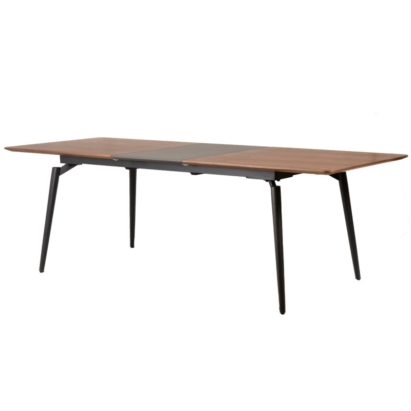 Table de repas extensible 180 à 230 cm plaquée en bois de noyer foncé avec pieds en métal noir - CARSON