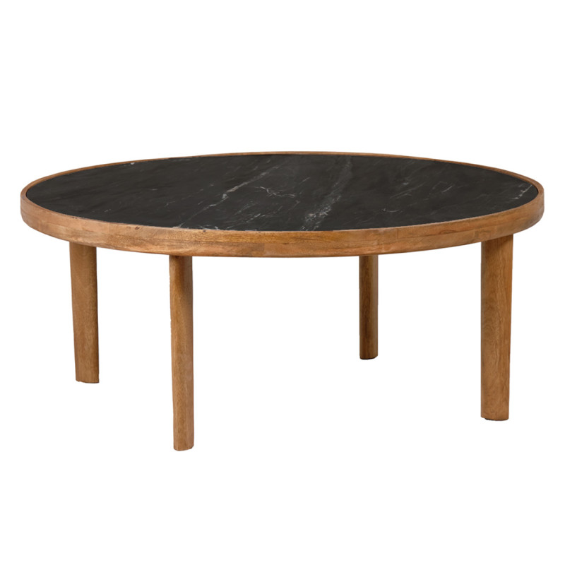 Table basse ronde 90 cm en bois de manguier massif et plateau marbre noir - OCALA