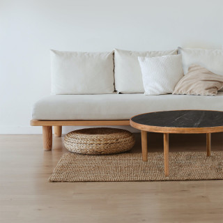 Table basse ronde 90 cm en bois de manguier massif et plateau marbre noir - OCALA