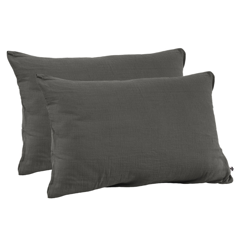 Lot de 2 Taies d'oreillers Rectangulaires 50 x 70 cm en Double Gaze de Coton Gris - Linge de Lit - PEPA 2