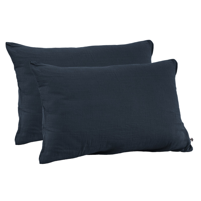 Lot de 2 Taies d'oreillers Rectangulaires 50 x 70 cm en Double Gaze de Coton Bleu Nuit - Linge de Lit - PEPA 2