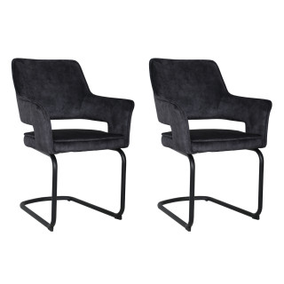Lot de 2 chaises Fauteuil Tissu Velours gris anthracite pied Luge en métal Noir - Rio